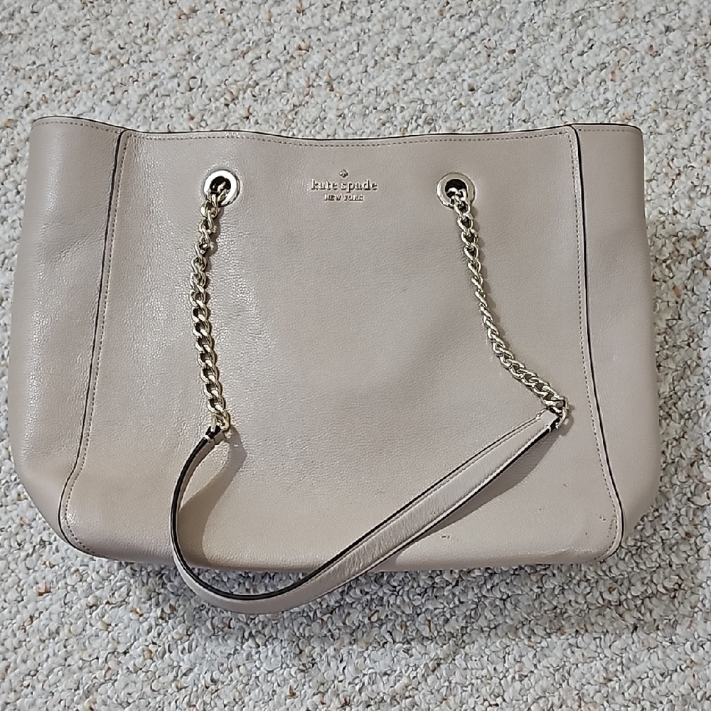 Kate Spade Triple Compartment Beige Leather Tote Bag